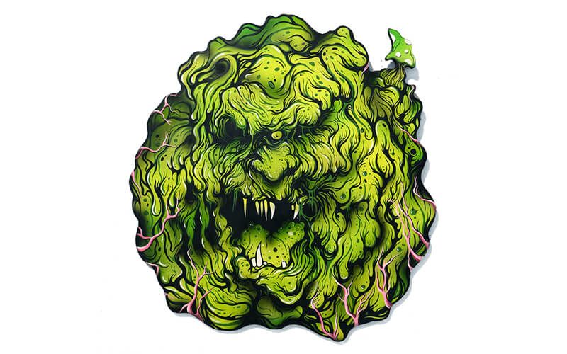 Goblin by Wizard Cleave Acrylic / airbursh & ink on cut wood. Includes wall hangers $405 (AUD)