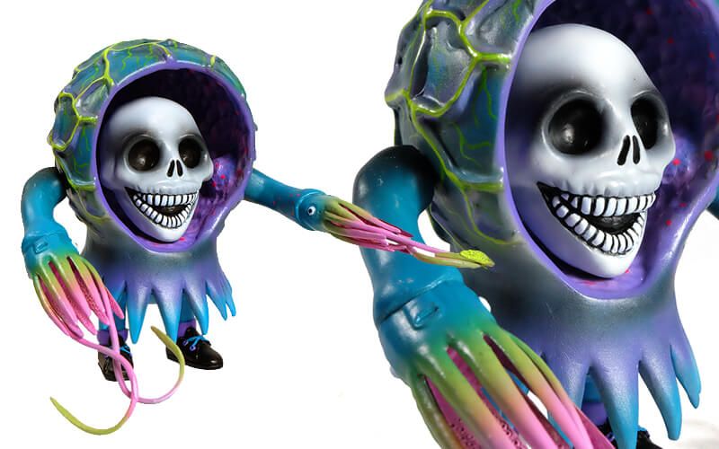 Octo Skull by Seymour (Peter Kelk) One-off Hand Sculpted resin w/ articulated rubber arms / hand painted acrylic / Stands roughly 16cm $350 (AUD)