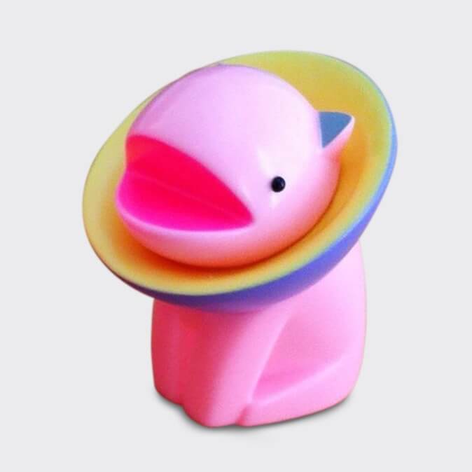 Parabola stands 2.75 inches tall and catches radio waves with his Elizabethan collar, which explains his lightning bolt tail! This limited edition version featuring pink vinyl with blue and yellow accents will be available for $40 (tax included) at SDCC Booth 5248, Squibbles Ink + Rotofugi. Any pieces not sold at the convention will be available online at rotofugi.com approximately 1 week after the show.